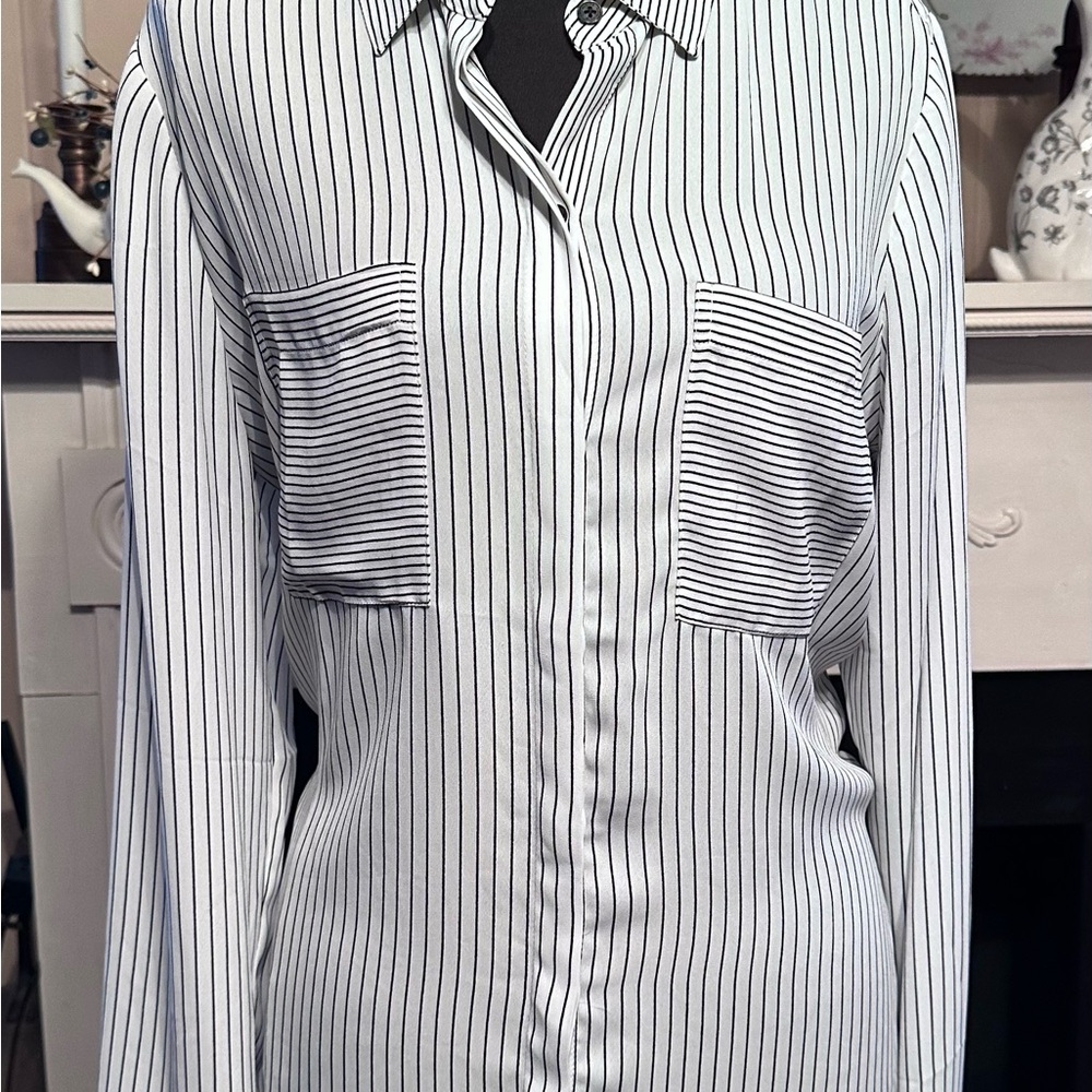 White House Black Market Striped Button-Up Shirt with an open back